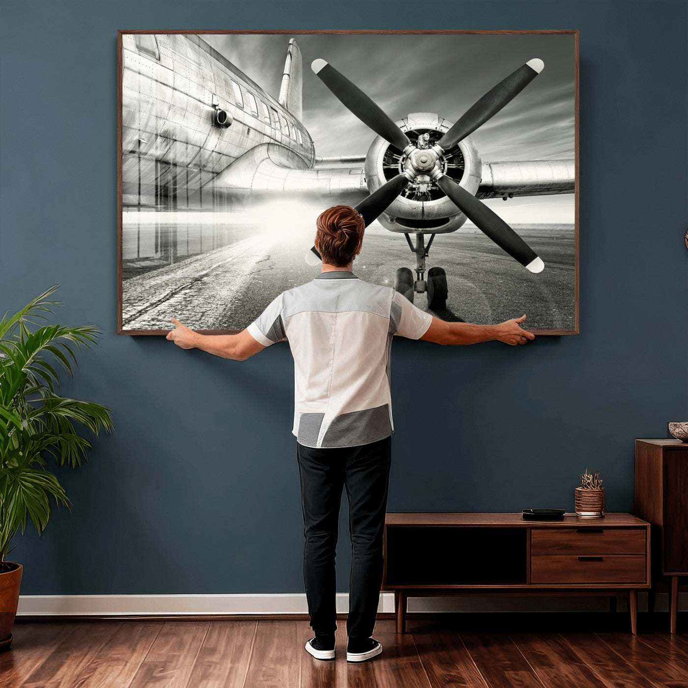 16420255-MGV-CV-36X24 - Vintage Airplane Wall Art Canvas Print, Black and White Propeller Aircraft Framed Aviation Artwork for Pilot Office Hangar Living Room Decor