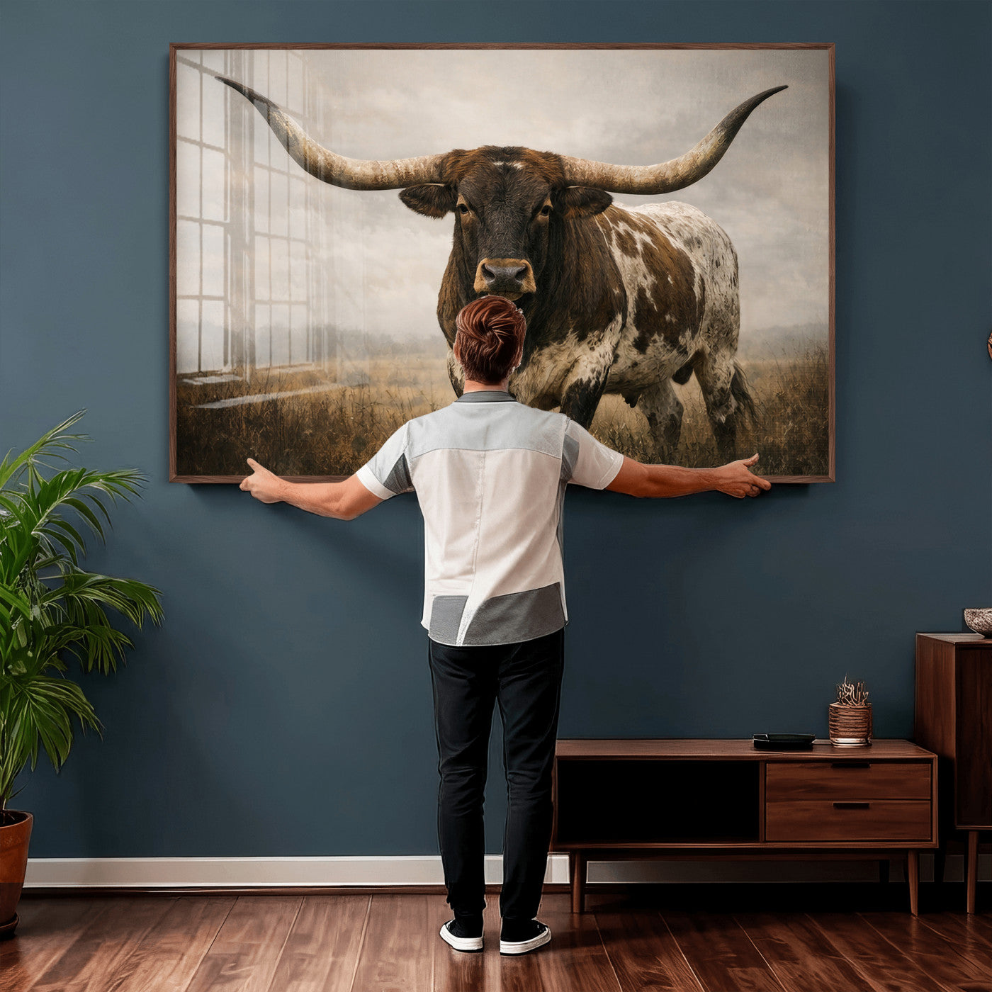17622011L-MGV-CV-36X24 - Longhorn Bull Wall Art Canvas Print, Western Farmhouse Cowboy Decor, Rustic Texas Ranch Cattle Artwork for Living Room Bedroom Office, Framed Wall Decor