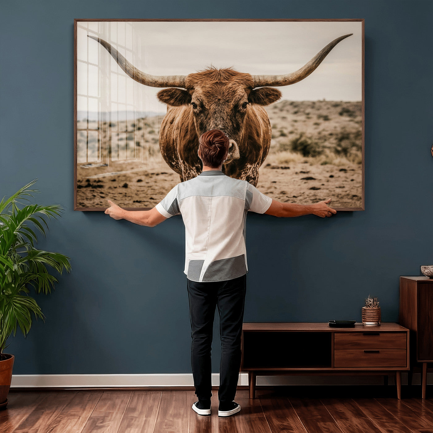 17622011K-MGV-CV-36X24 - Texas Longhorn Bull Wall Art Canvas Print, Western Farmhouse Cowboy Decor, Rustic Texas Ranch Cattle Artwork for Living Room Bedroom Office, Framed Wall Decor