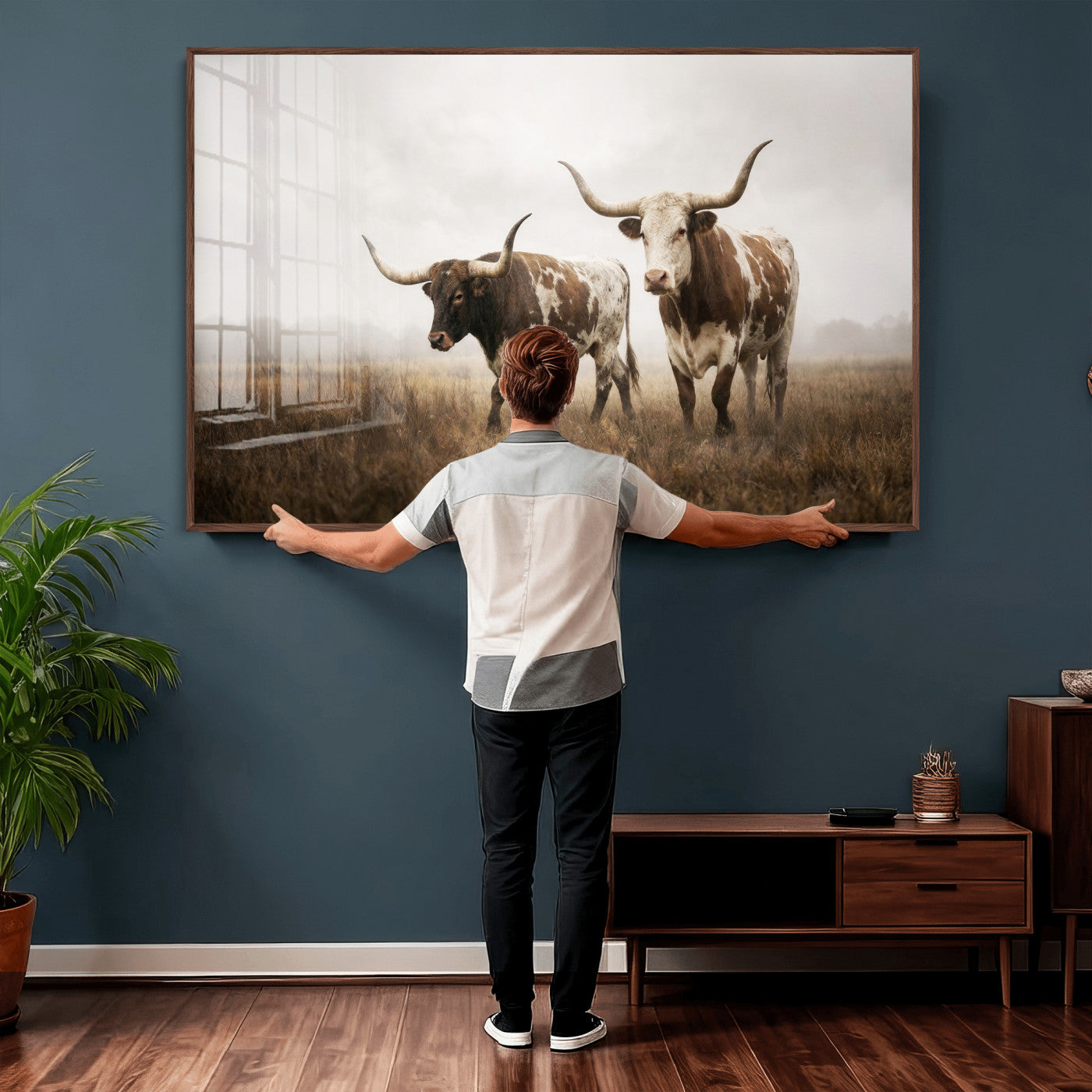 92881702-MGV-CV-36X24 - Texas Longhorn Canvas Wall Art Western Bull Desert Moody Grey Overcast Rustic Farmhouse Framed Large for Living Room Bedroom Office Decor