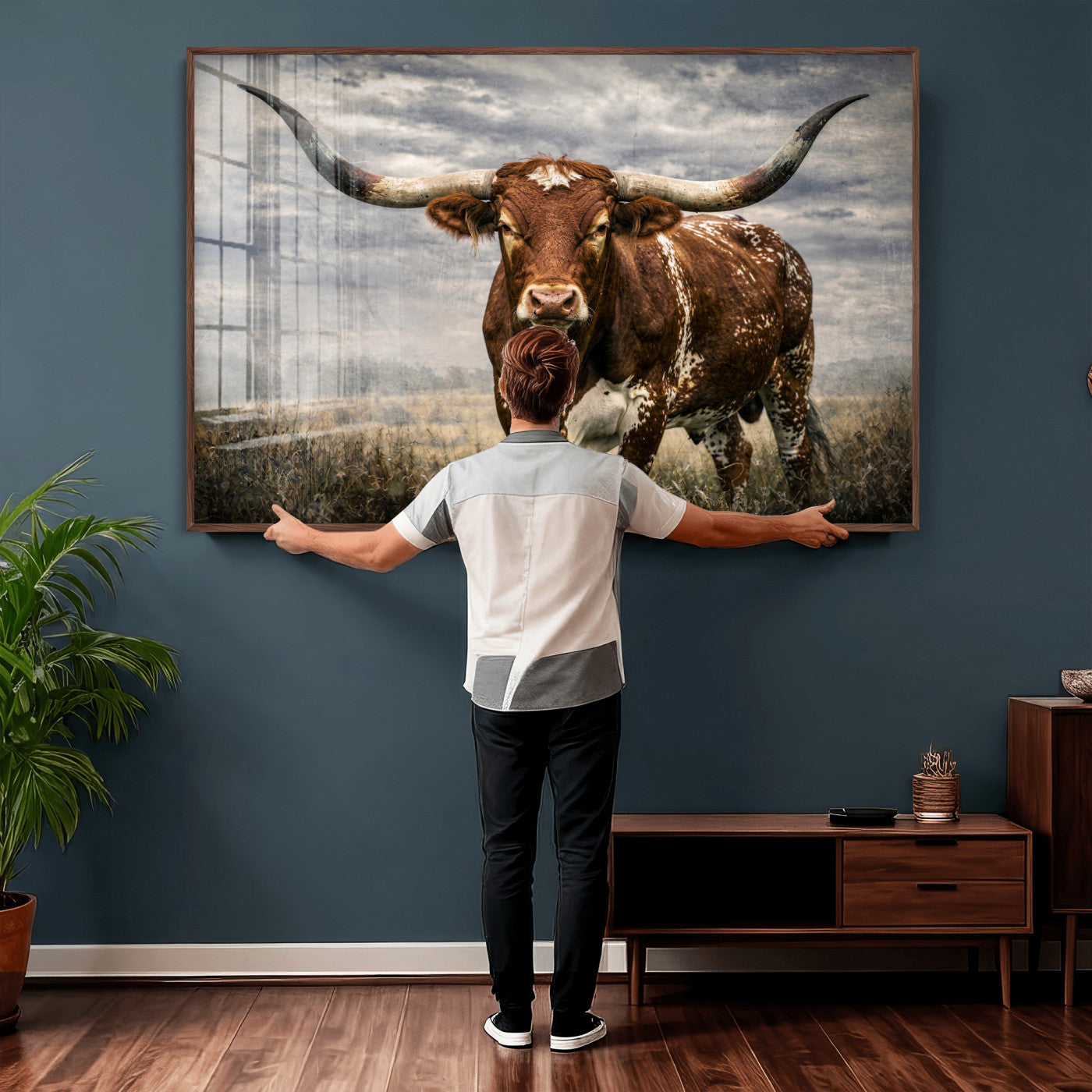 14372769-MGV-CV-36X24 - Texas Longhorn Canvas Wall Art Western Bull Desert Moody Grey Overcast Rustic Farmhouse Framed Large for Living Room Bedroom Office Decor