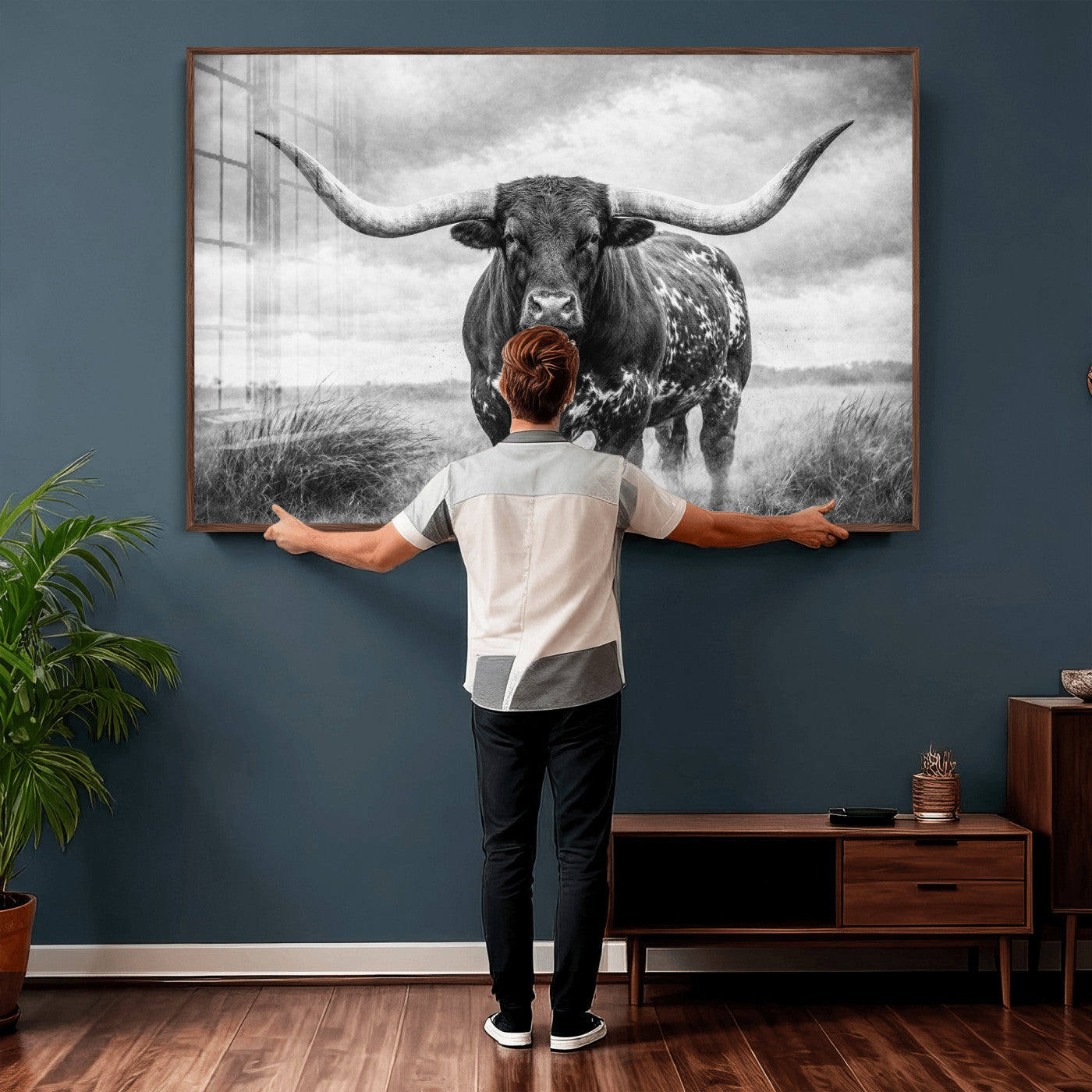 19951238-MGV-CV-36X24 - Texas Longhorn Canvas Wall Art Western Bull Desert Moody Grey Overcast Rustic Farmhouse Framed Large for Living Room Bedroom Office Decor