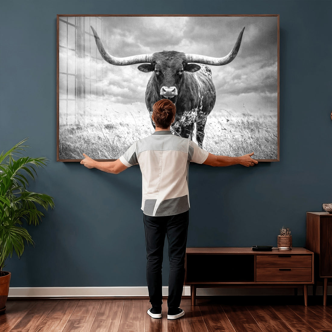 Texas Longhorn Canvas Wall Art Western Bull Desert, Moody Grey Sky