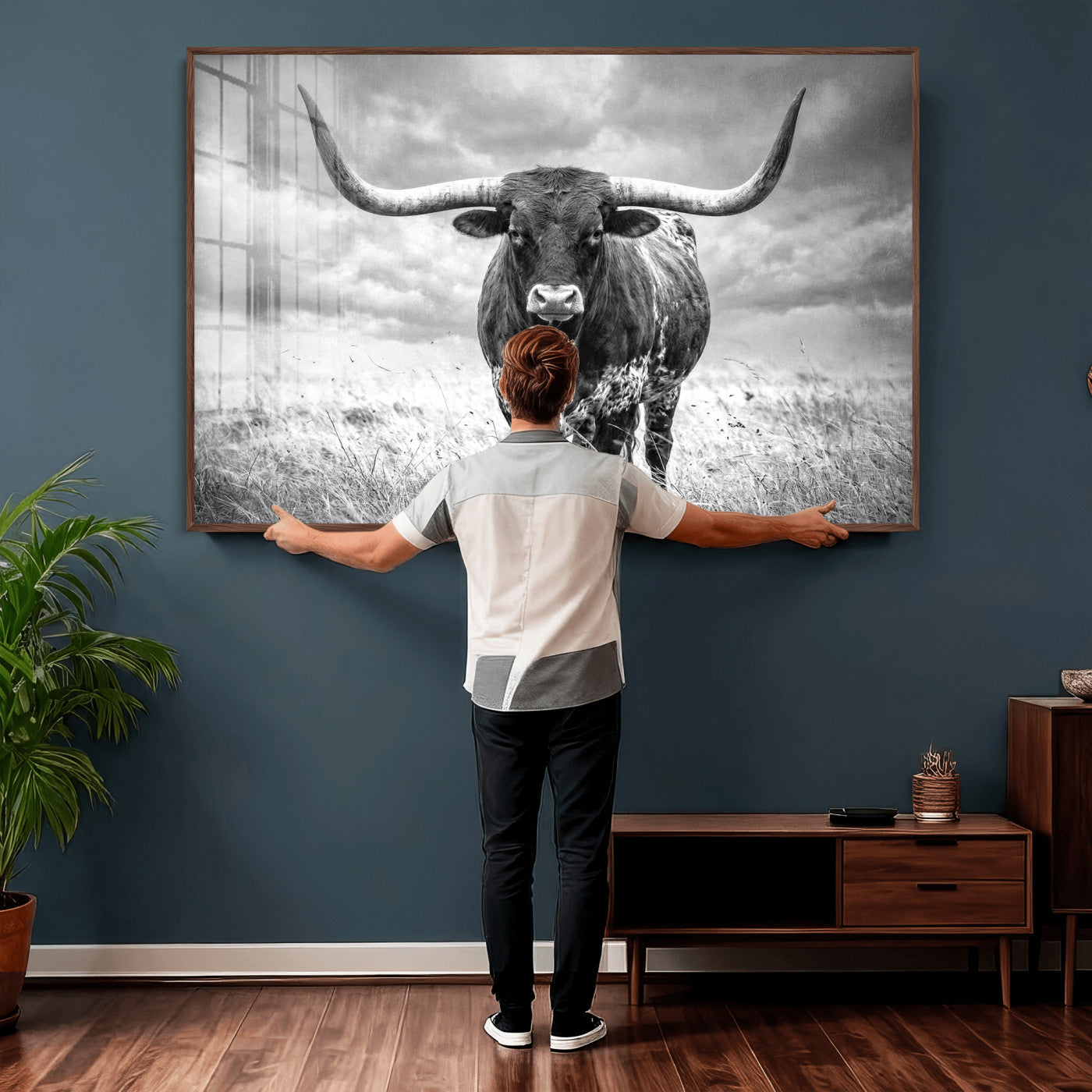 63336115-MGV-CV-36X24 - Texas Longhorn Canvas Wall Art Western Bull Desert Moody Grey Overcast Rustic Farmhouse Framed Large for Living Room Bedroom Office Decor