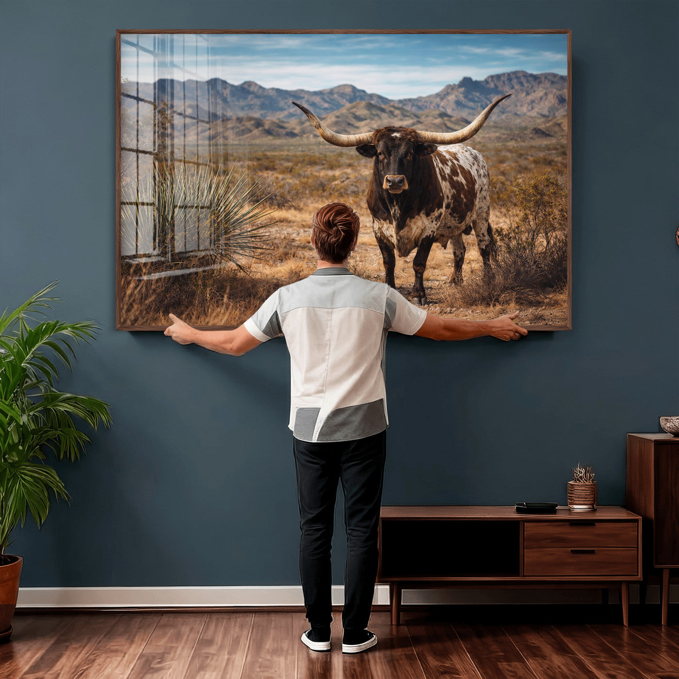 26448918-MGV-CV-36X24 - Texas Longhorn Canvas Wall Art Western Bull Desert Moody Grey Overcast Rustic Farmhouse Framed Large for Living Room Bedroom Office Decor