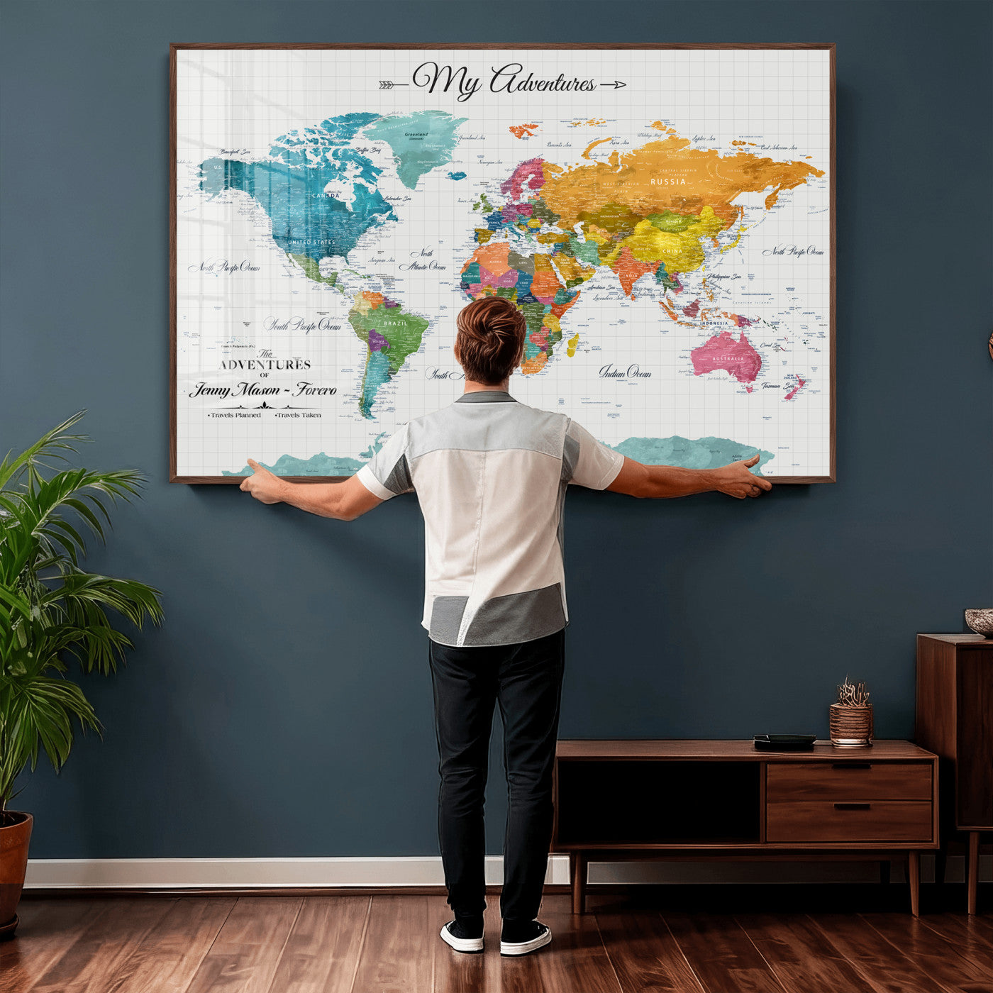 56239817-MGV-CV-36X24 - Custom Push Pin Watercolor World Map Canvas Wall Art Print – Abstract Colorful Travel Wall Decor
