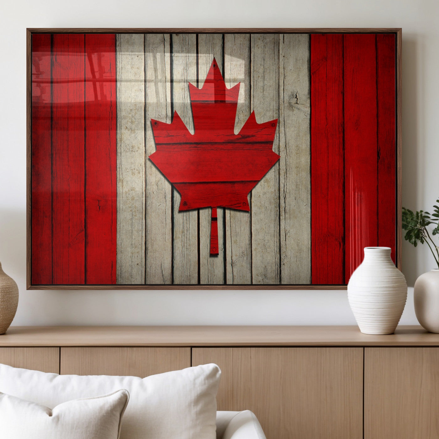 22674-MGV-FP-36X24-3P_Walnut-Rustic Canada Flag Wall Art – Framed Canadian Flag Canvas Print, Vintage Wood Texture Home or Office Decor