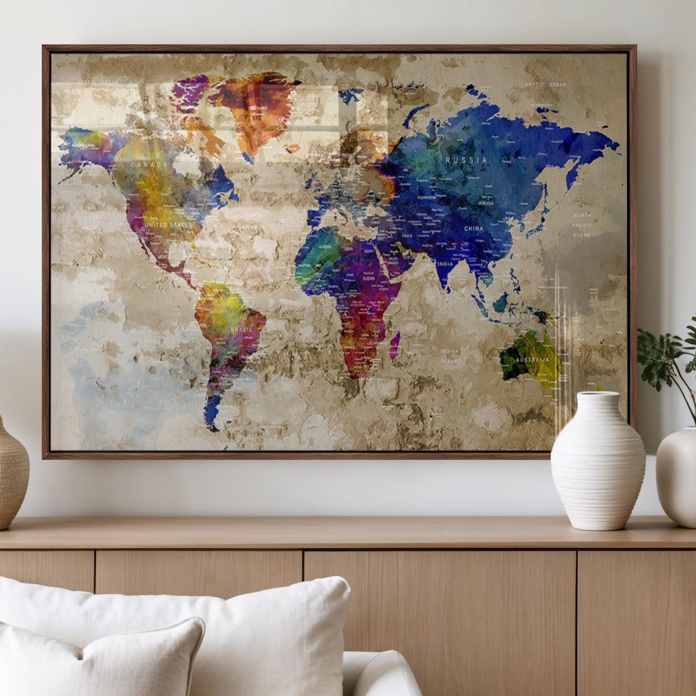 92939-MGV-FP-36X24-3P_Walnut-Colorful World Map Canvas Wall Art – Abstract Watercolor Map Print, Modern Travel Decor for Home Office or Study