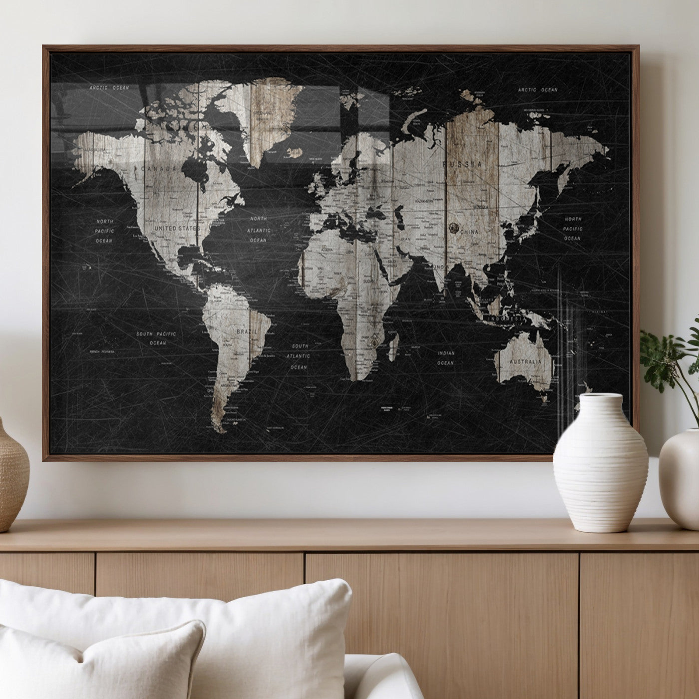 89998-MGV-FP-36X24-3P_Walnut-Rustic Black and Wood World Map Canvas Wall Art – Framed Push Pin Travel Map for Home and Office Decor, Modern Vintage Wall Artwork