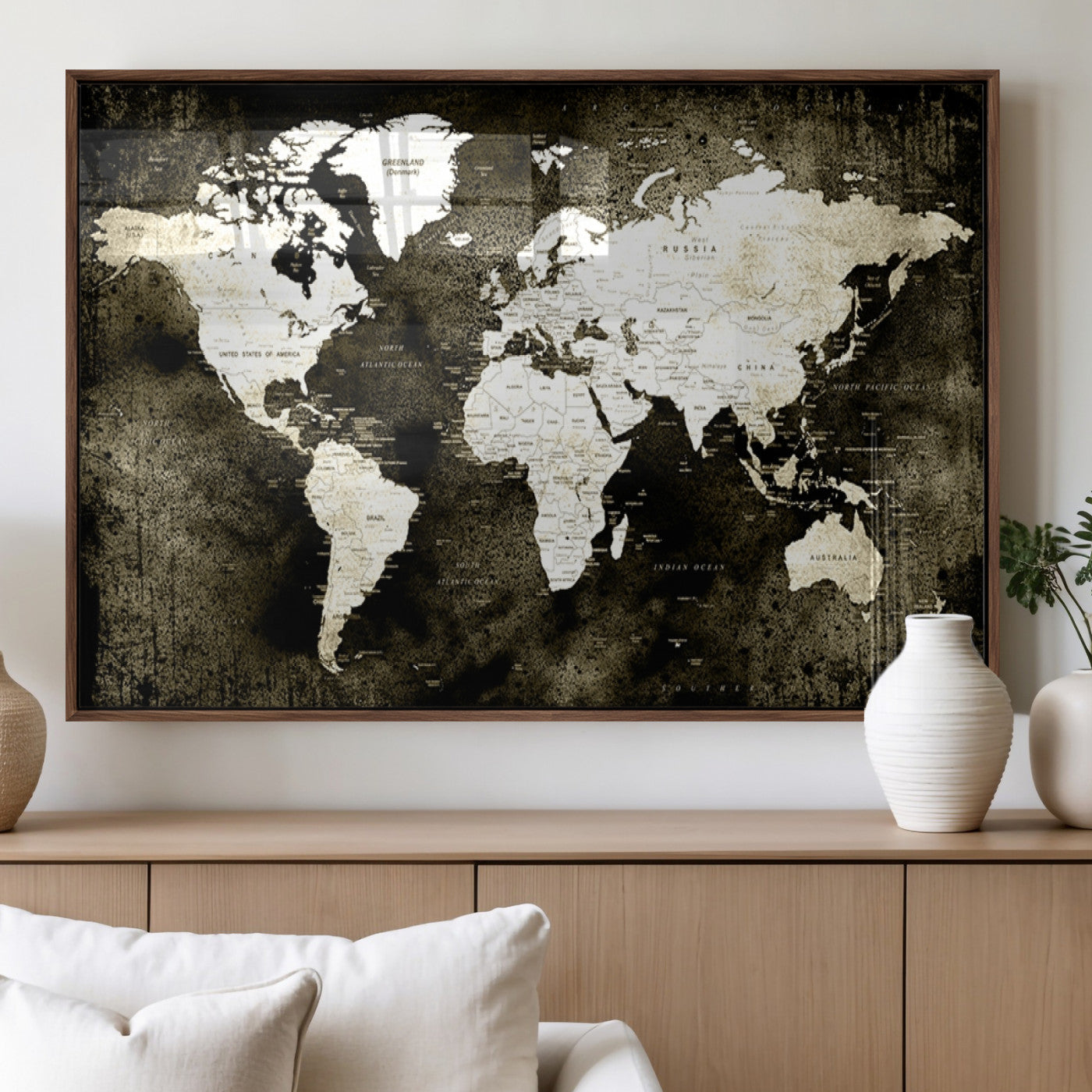 66737-MGV-FP-36X24-3P_Walnut-Vintage World Map Canvas Wall Art – Framed Push Pin Travel Map for Home and Office Decor, Rustic Wall Artwork for Travelers