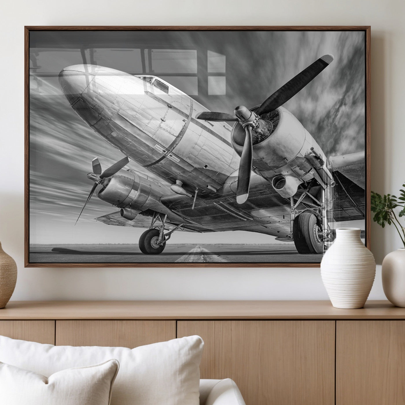 82744-MGV-FP-36X24-3P_Walnut-Vintage Airplane on Runway Canvas Print