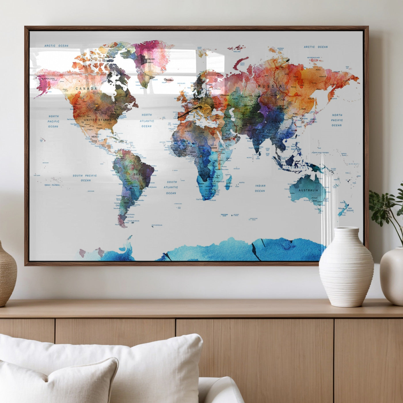 11576-MGV-FP-36X24-3P_Walnut-Vibrant Watercolor World Map Canvas Wall Art – Framed Push Pin Travel Map for Home and Office Decor, Modern Colorful Wall Artwork