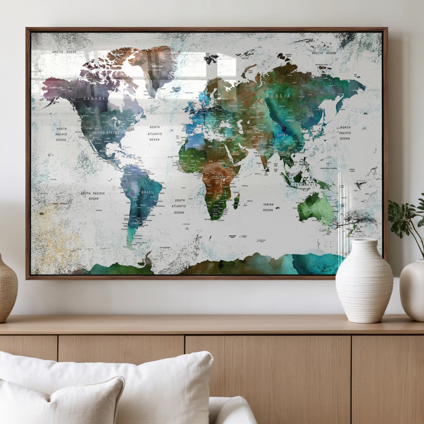 13140-MGV-FP-36X24-3P_Walnut-Modern Watercolor World Map Canvas Wall Art – Framed Abstract Map Print, Contemporary Travel Artwork for Elegant Home and Office Decor