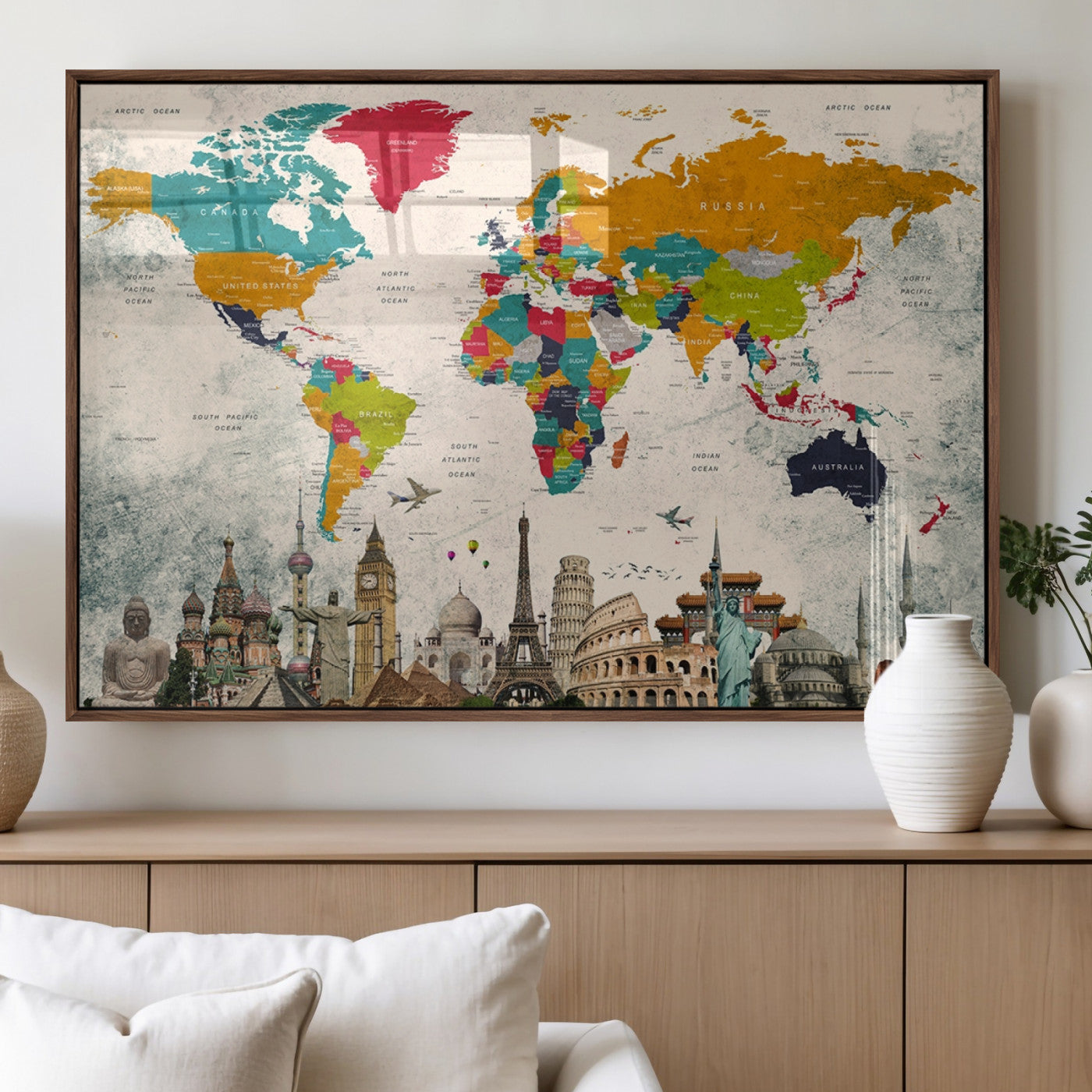 98056-MGV-FP-36X24-3P_Walnut-Colorful World Map Canvas Wall Art with Landmarks – Framed Travel Map Print for Home and Office Decor, Perfect Gift for Travel Lovers