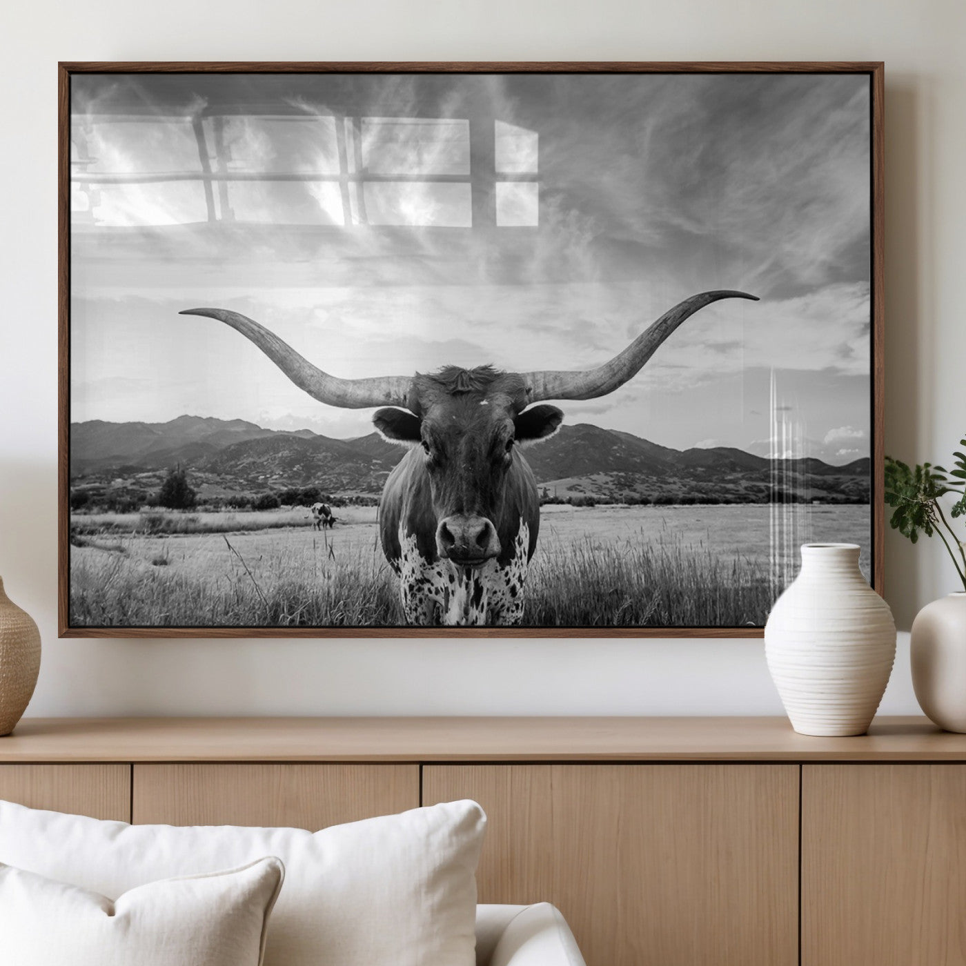 79527-MGV-FP-36X24-3P_Walnut-Longhorn Black and White Wall Art – Rustic Western Bull Canvas Print, Farmhouse Country Decor for Living Room, Office or Ranch, Cowboy Wall Artwork