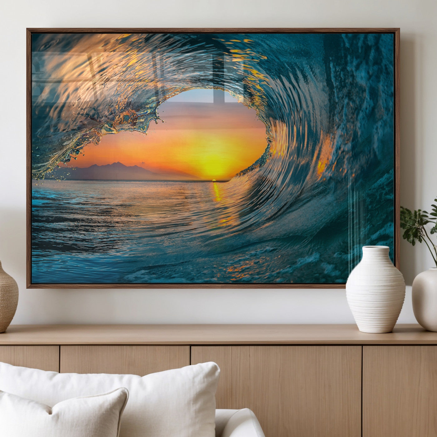 84279-MGV-FP-36X24-3P_Walnut-Ocean Wave Sunset Wall Art | Large Coastal Wave Canvas Print | 3-Panel Ocean Sunset Seascape for