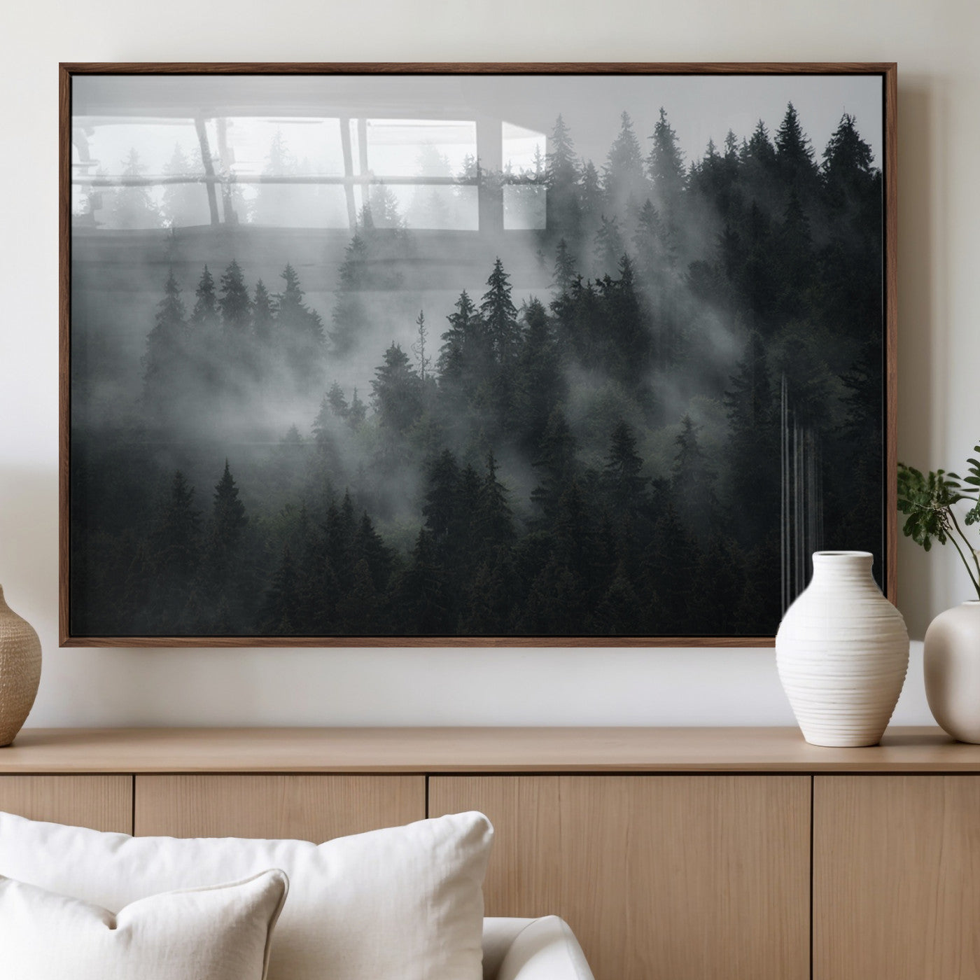 52359-MGV-FP-36X24-3P_Walnut-Foggy Forest Wall Art Canvas Print | 3 Panel Large Misty Landscape for Dining Room, Office, or