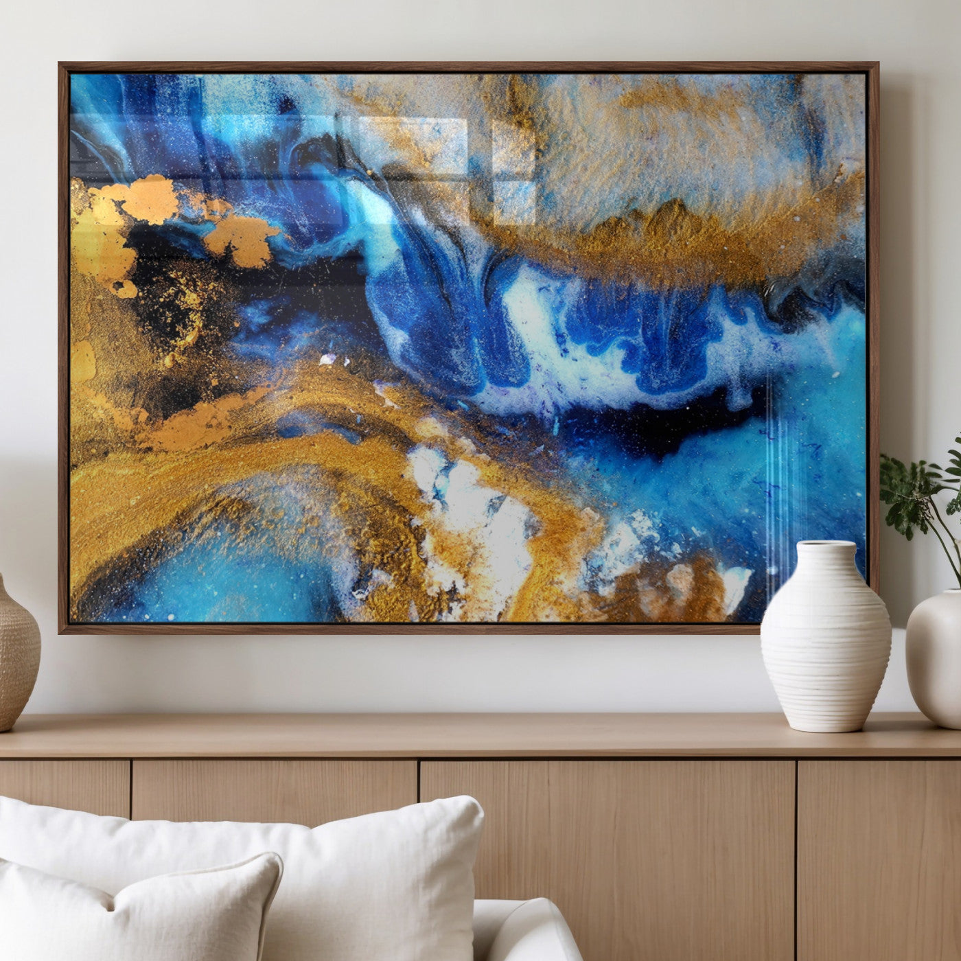 42100-MGV-FP-36X24-3P_Walnut-Blue Orange Marble Fluid Effect Canvas Wall Art Print