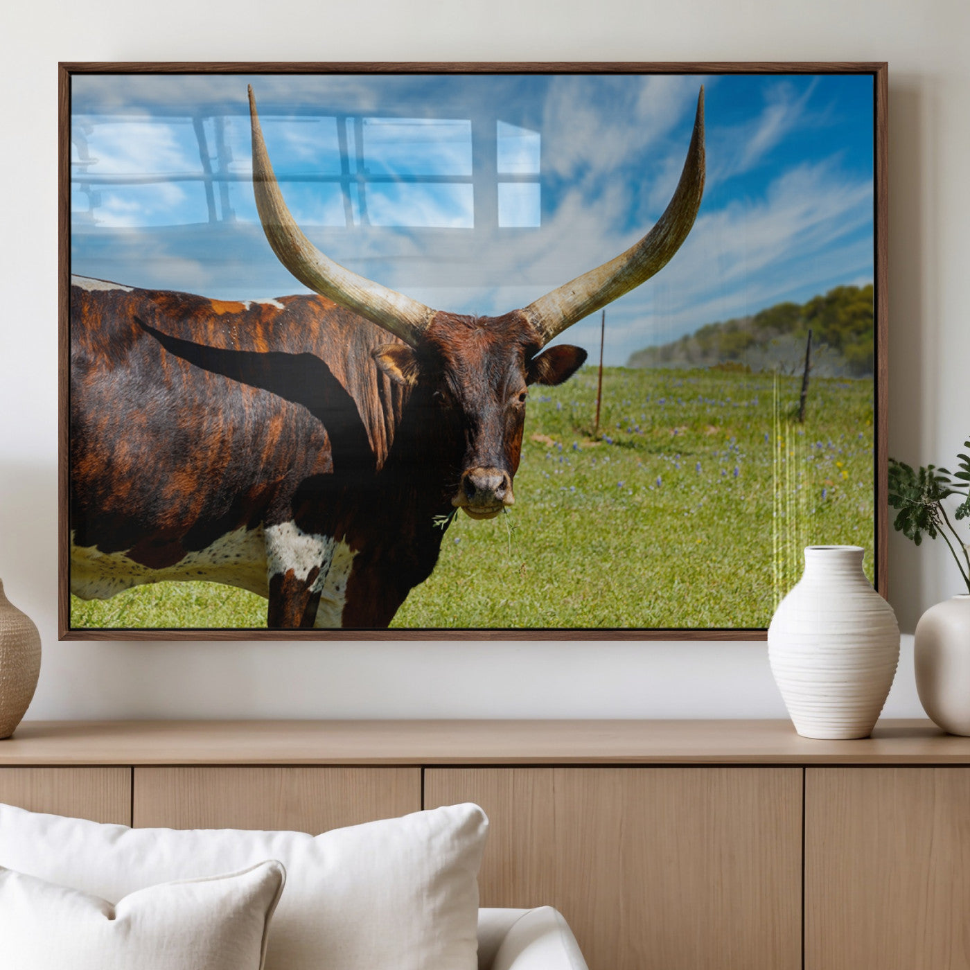 47037-MGV-FP-36X24-3P_Walnut-Longhorn and Cow Wall Art, Country Cow Wall Decor Canvas Print