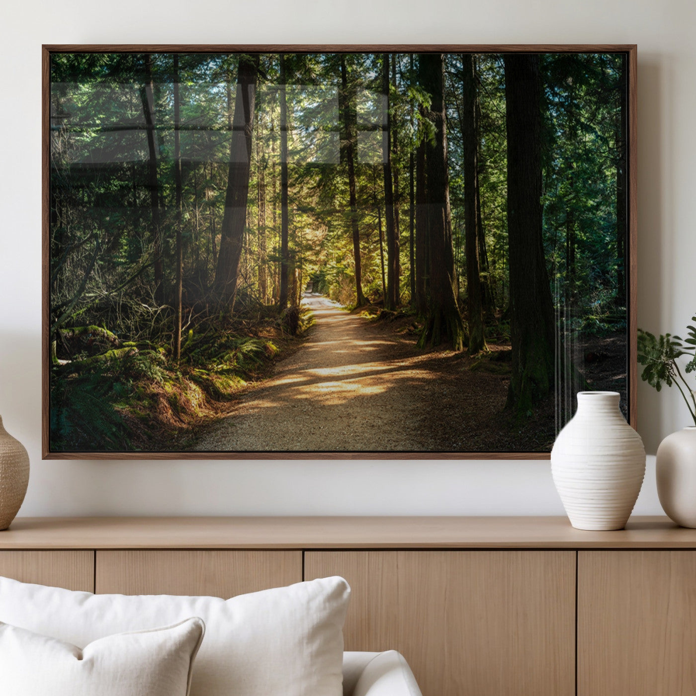 51762-MGV-FP-36X24-3P_Walnut-Sunlit Forest Pathway Canvas Print | 3 Panel Large Nature Wall Art for Living Room, Office, or