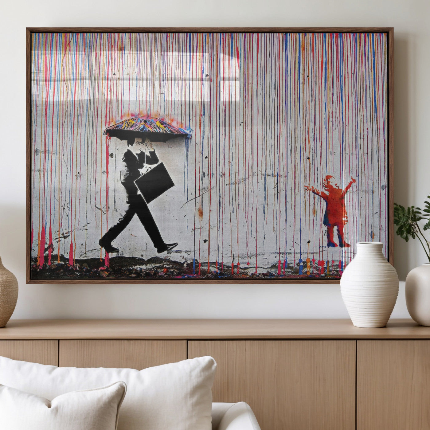 16292-MGV-FP-36X24-3P_Walnut-Banksy Wall Art Canvas Print, Framed Graffiti Art Picture Print, Banksy Urban Graffiti Perfect Modern Decor Artwork