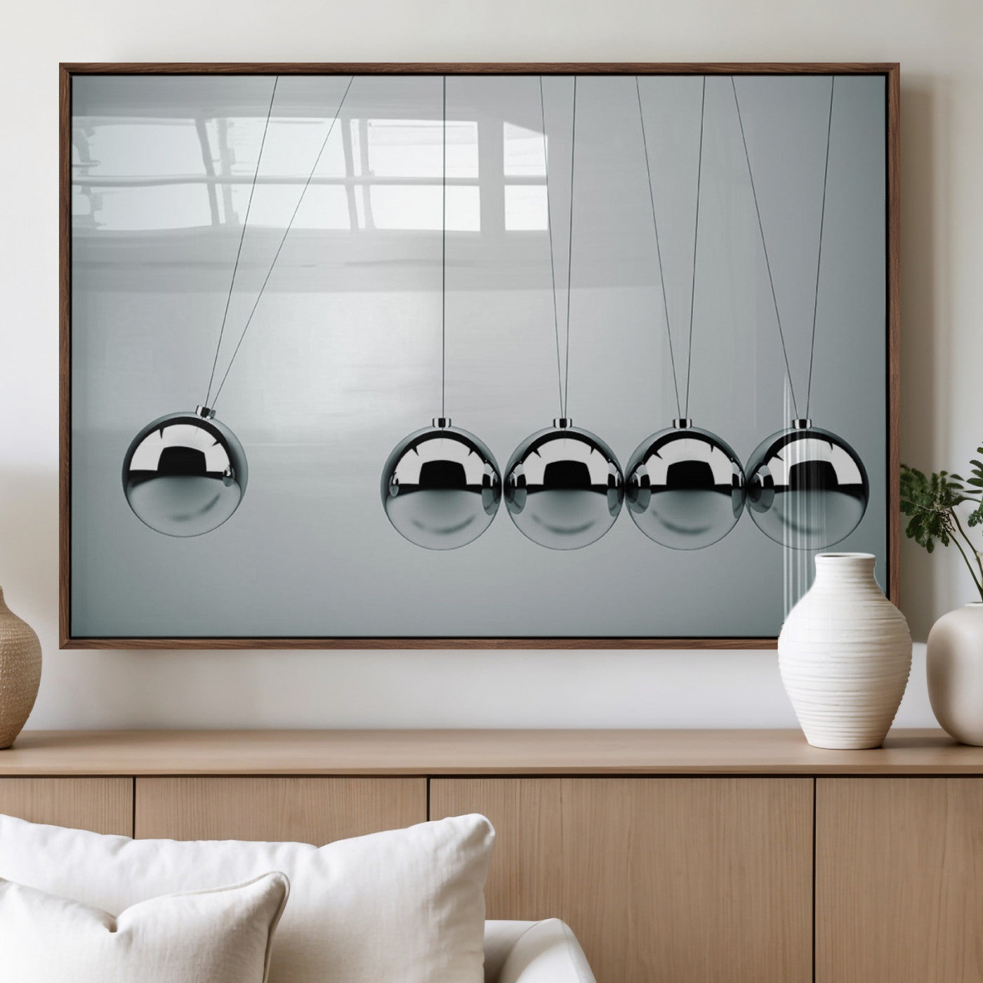 45465-MGV-FP-36X24-3P_Walnut-Newton's Cradle Wall Art Canvas Print, Framed Newton Cradle Wall Art