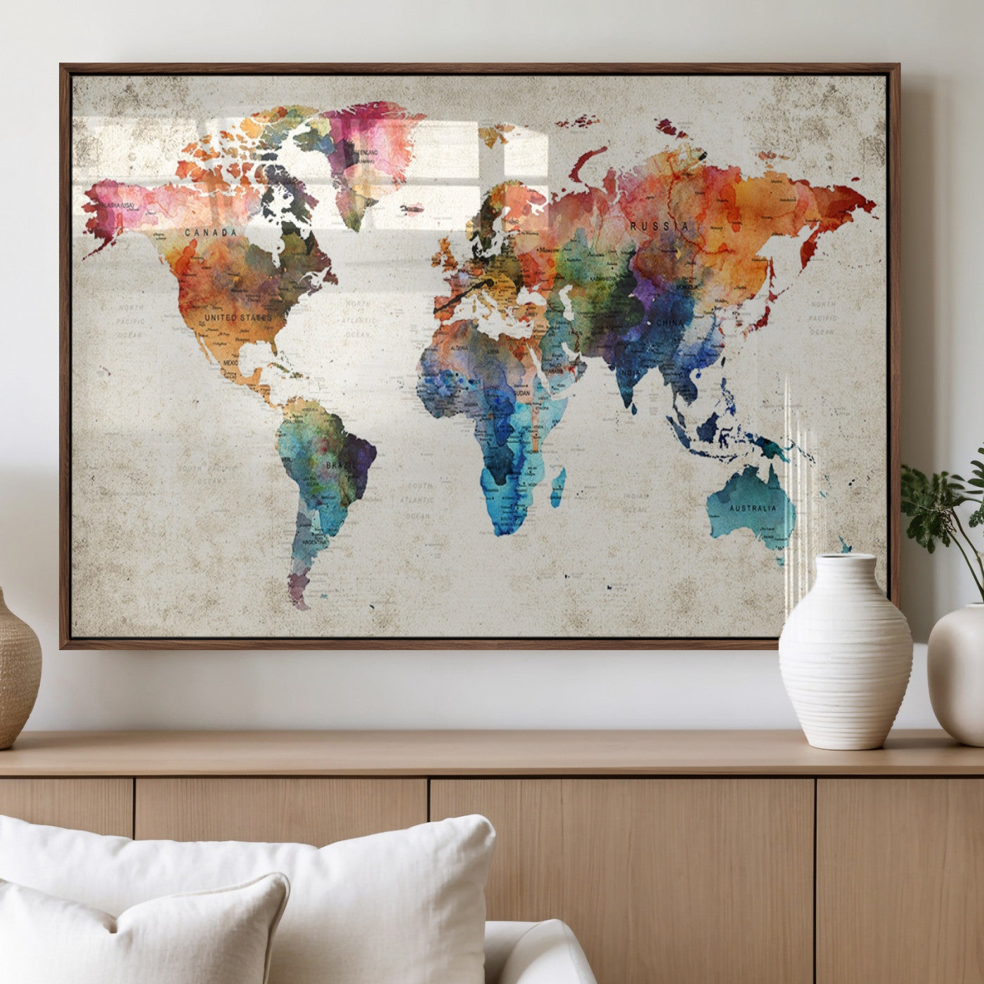 66549-MGV-FP-36X24-3P_Walnut-Colorful Watercolor World Map Canvas Wall Art – Framed Push Pin Travel Map for Home and Office Decor, Artistic Modern Wall Artwork