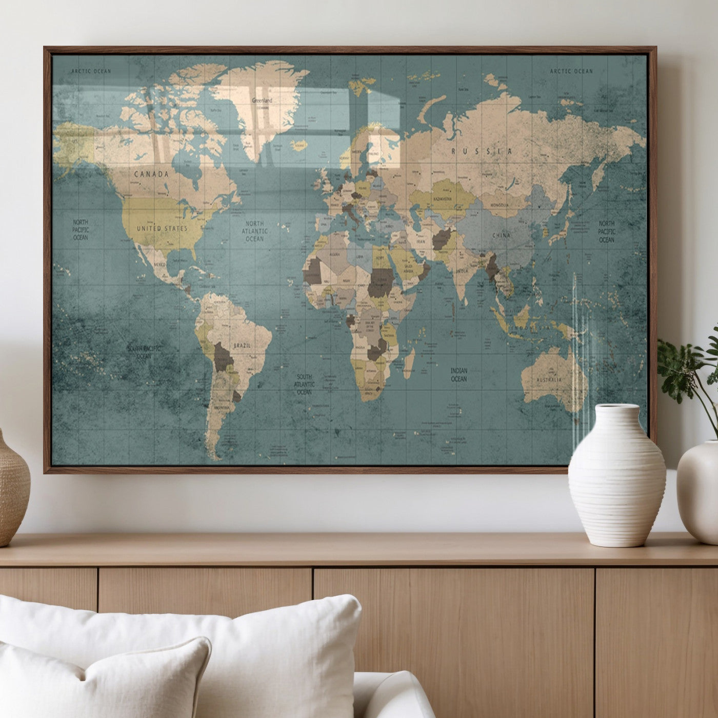 54872-MGV-FP-36X24-3P_Walnut-Classic World Map Canvas Print – Framed Vintage Map Wall Art, Retro Atlas Design for Rustic Explorer or Study Room Decor