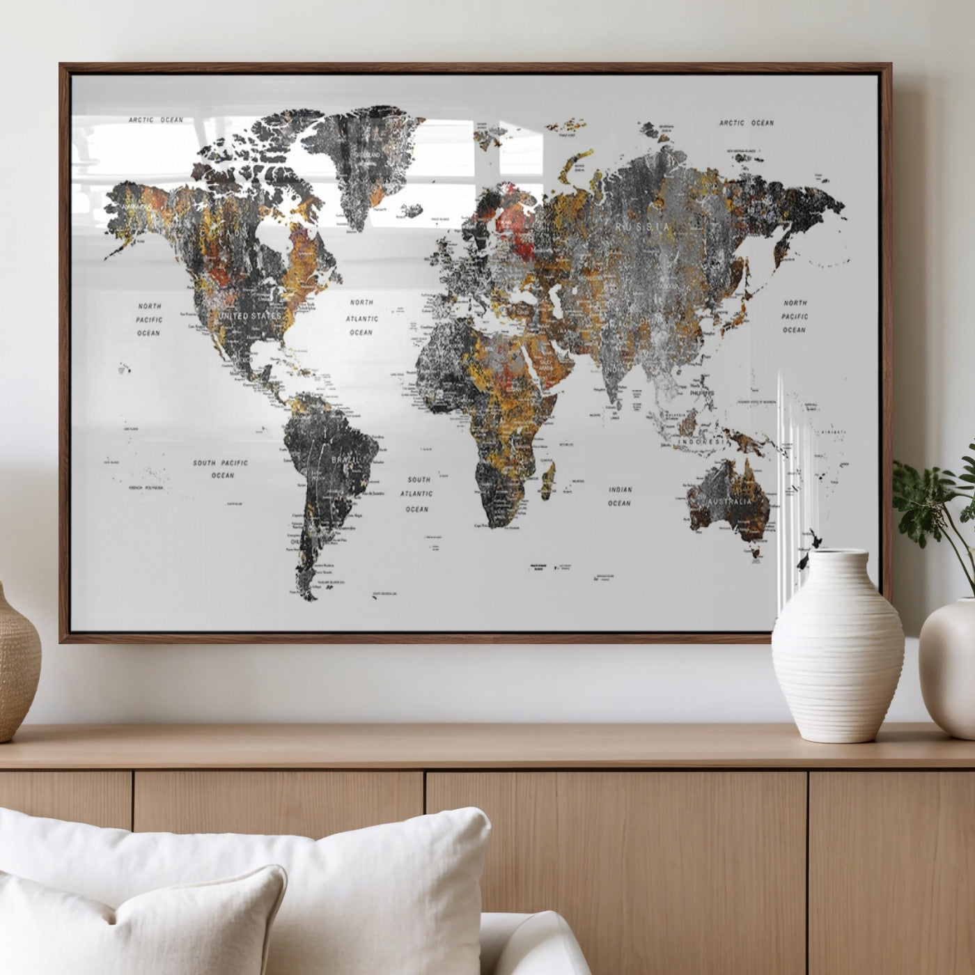 67481-MGV-FP-36X24-3P_Walnut-Modern Metallic World Map Canvas Wall Art – Framed Contemporary World Map Print, Stylish Travel Inspired Decor for Home and Office Walls