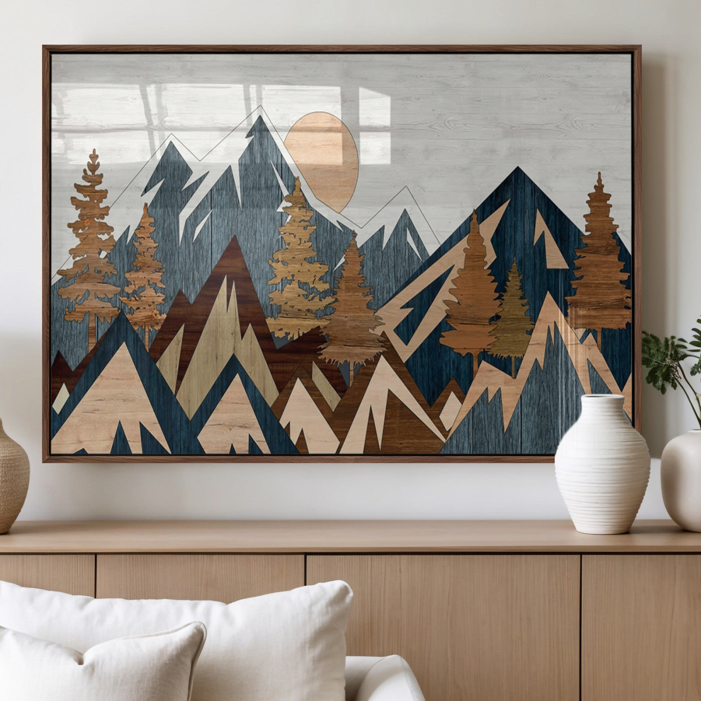 91467-MGV-FP-36X24-3P_Walnut-Abstract Wood Panel Effect Mountain Range Top Wall Art Canvas Print