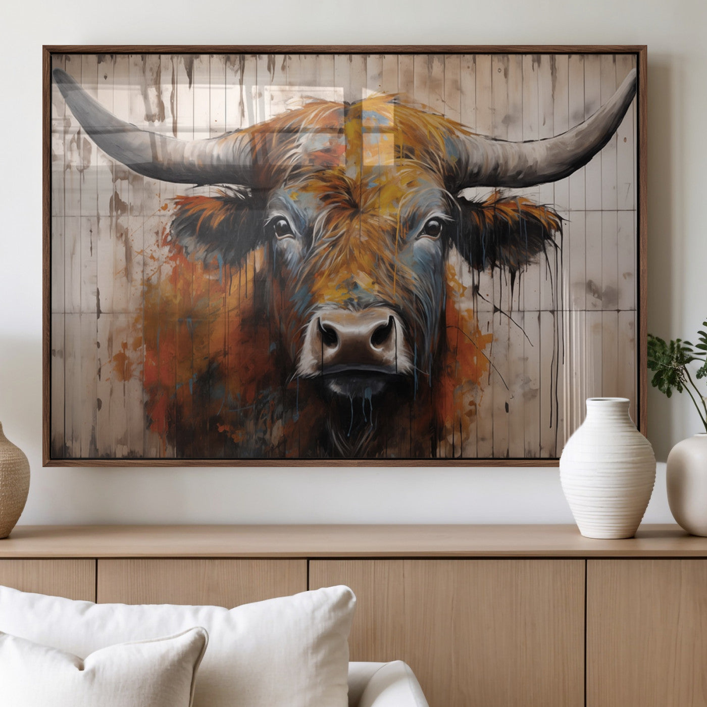 47284-MGV-FP-36X24-3P_Walnut-Scottish Highland Cow Cattle Art Print on Wood Style Background