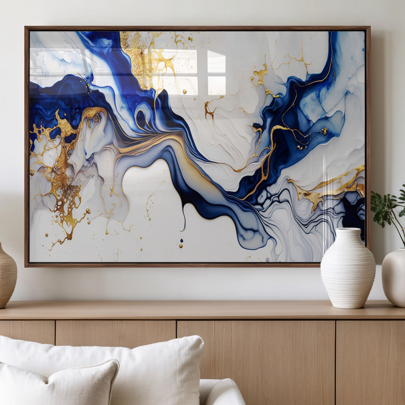 93392-MGV-FP-36X24-3P_Walnut-Golden Cascades on Midnight Blue – Deep Blue Abstract Wall Art Flowing Elegance | Wall Art Canvas,