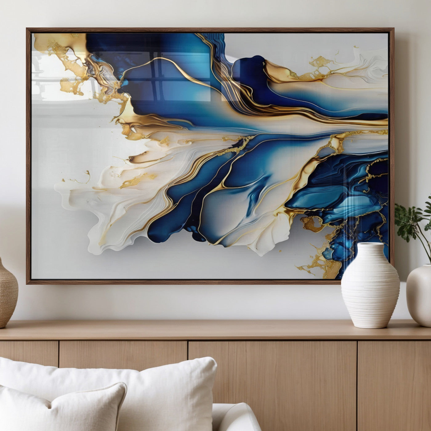 65693-MGV-FP-36X24-3P_Walnut-Gold Marble Art - Abstract Geode Gold And Blue Marble Shape 3 Pieces Wall Art Canvas Print