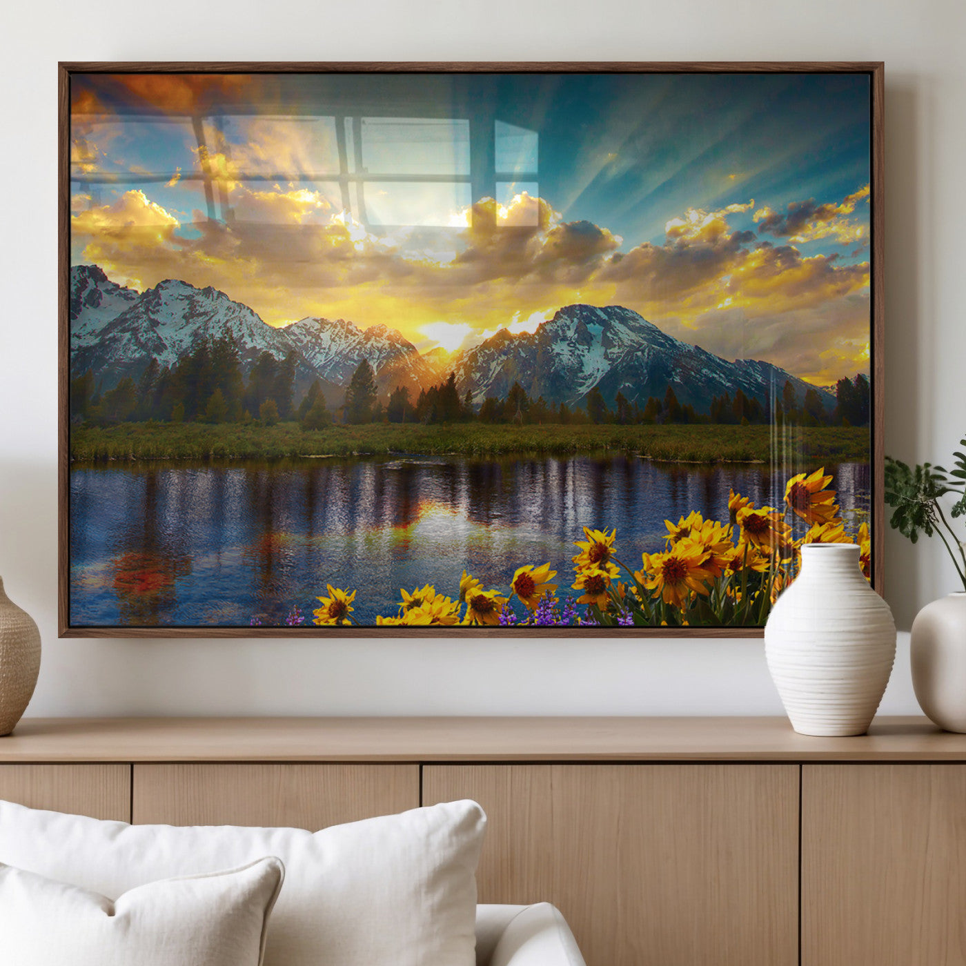 42292-MGV-FP-36X24-3P_Walnut-Mountain Sunrise Wall Art – Vibrant Landscape Canvas Print with Wildflowers and River Reflection, Nature Scenery Decor for Living Room or Bedroom