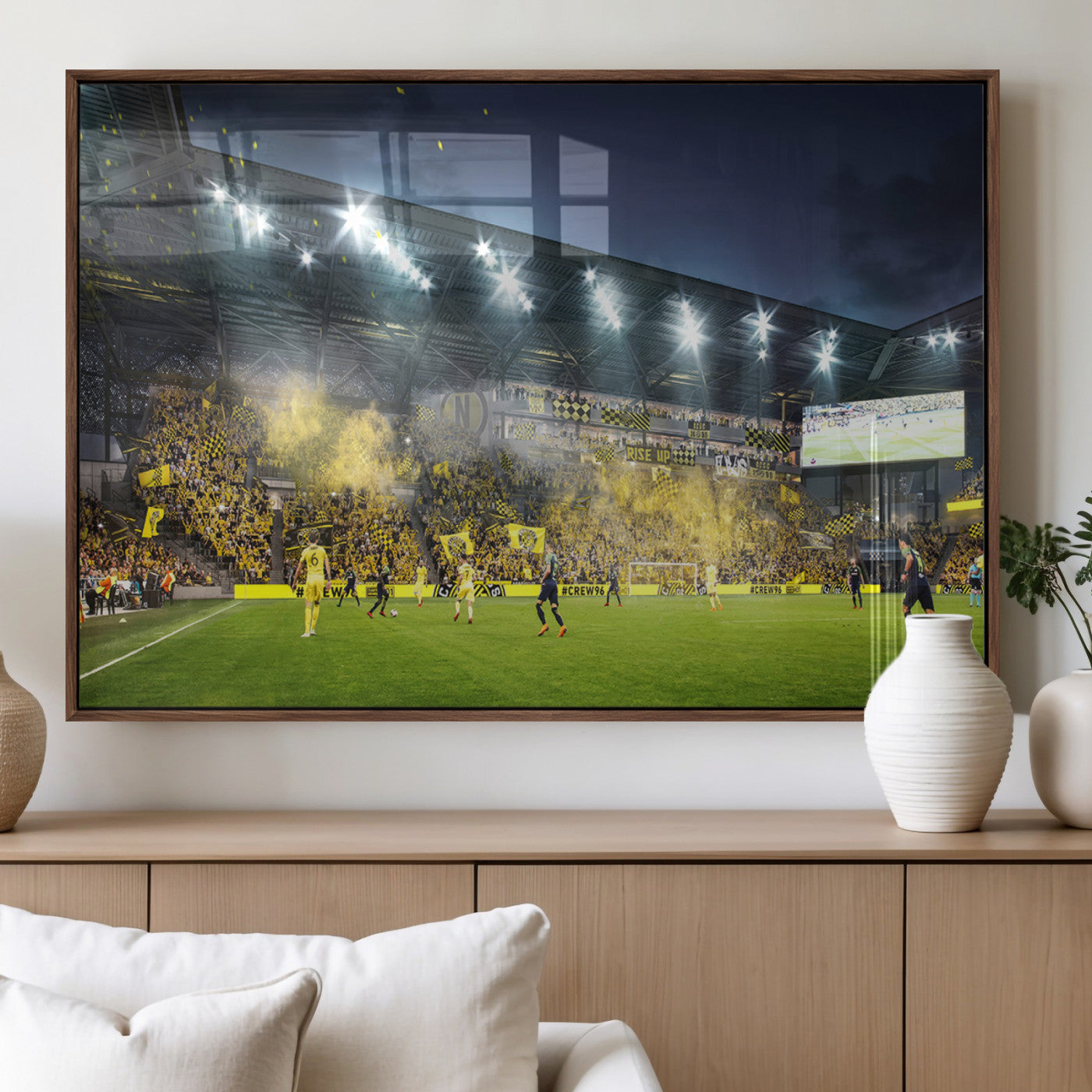 65820-MGV-FP-36X24-3P_Walnut-Columbus Crew Stadium Match Triple Canvas Wall Art - Dynamic MLS Game Scene Canvas Wall Art