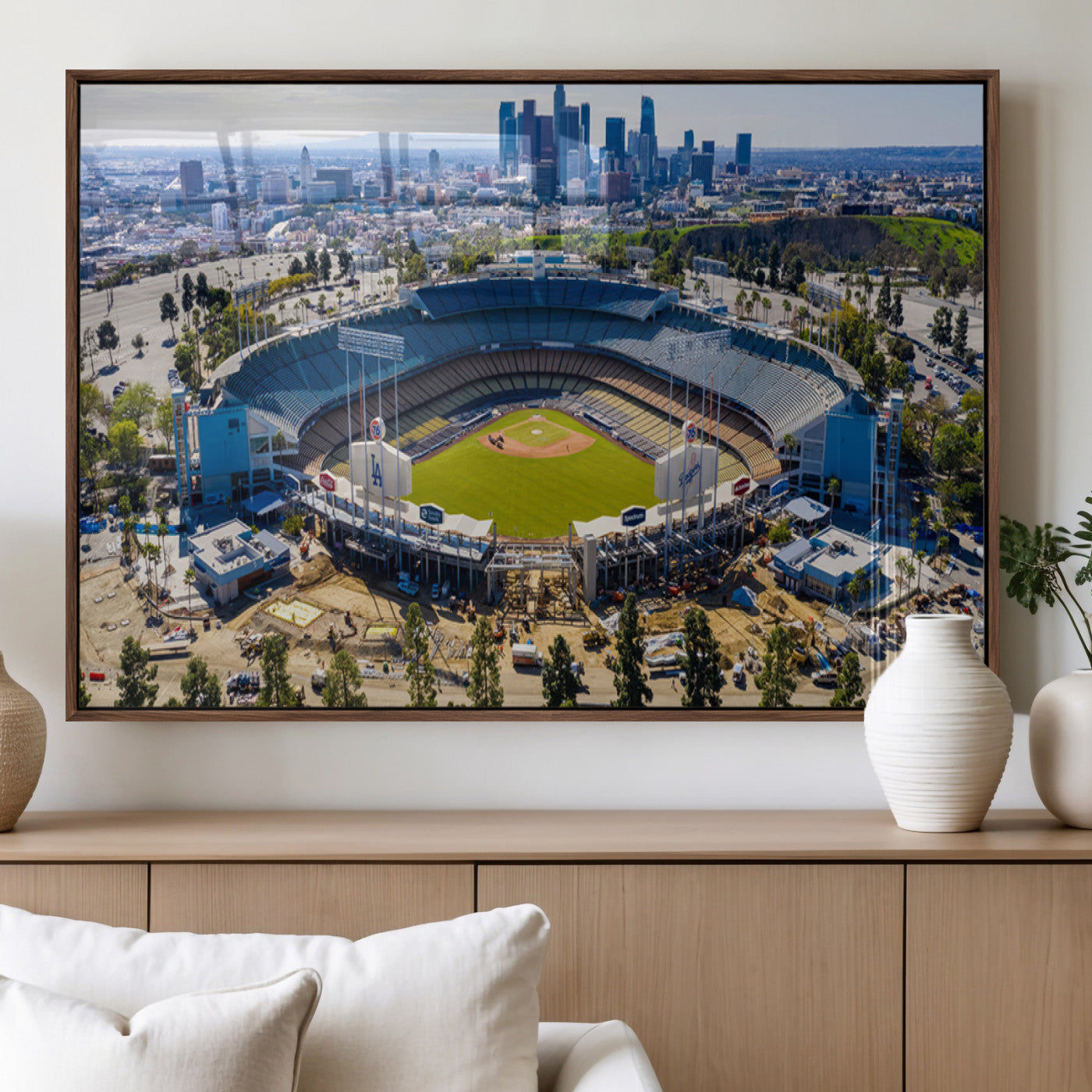 58596-MGV-FP-36X24-3P_Walnut-Los Angeles Dodgers Dodger Stadium Wall Art Canvas Print - MLB Baseball Stadium, Framed Los Angeles