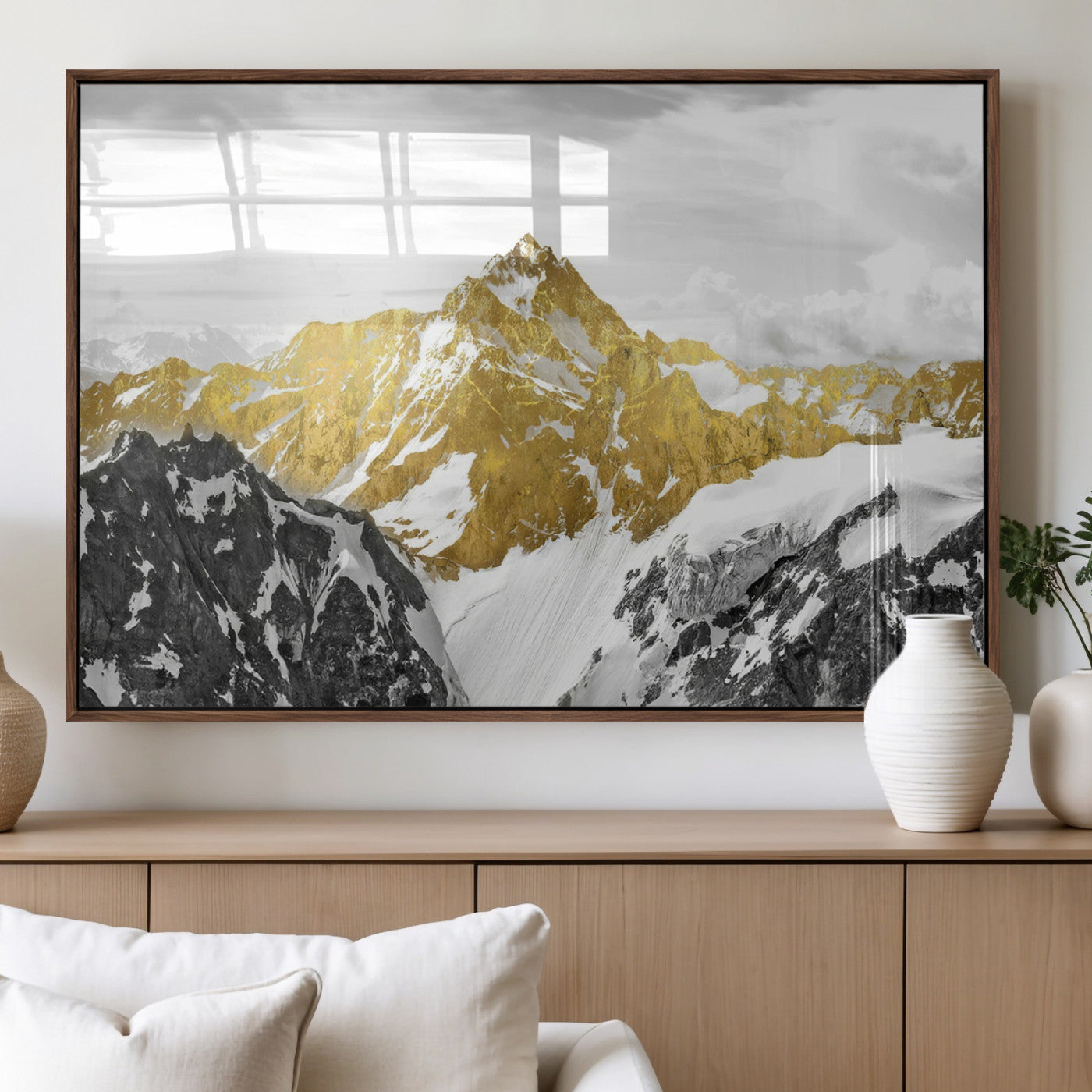 32102-MGV-FP-36X24-3P_Walnut-Gold Abstract Mountains Wall Art Print on Canvas, Nature Wall Art Print,