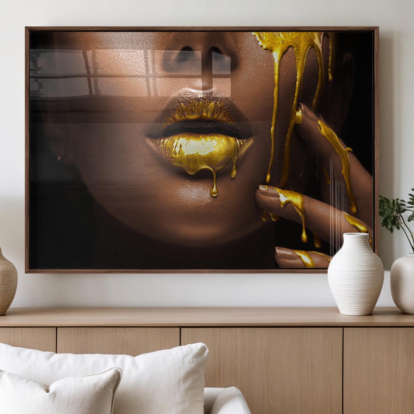 35346-MGV-FP-36X24-3P_Walnut-African American Art Black Woman Canvas Print, African Wall Art, Fashion African Woman Gold Lips