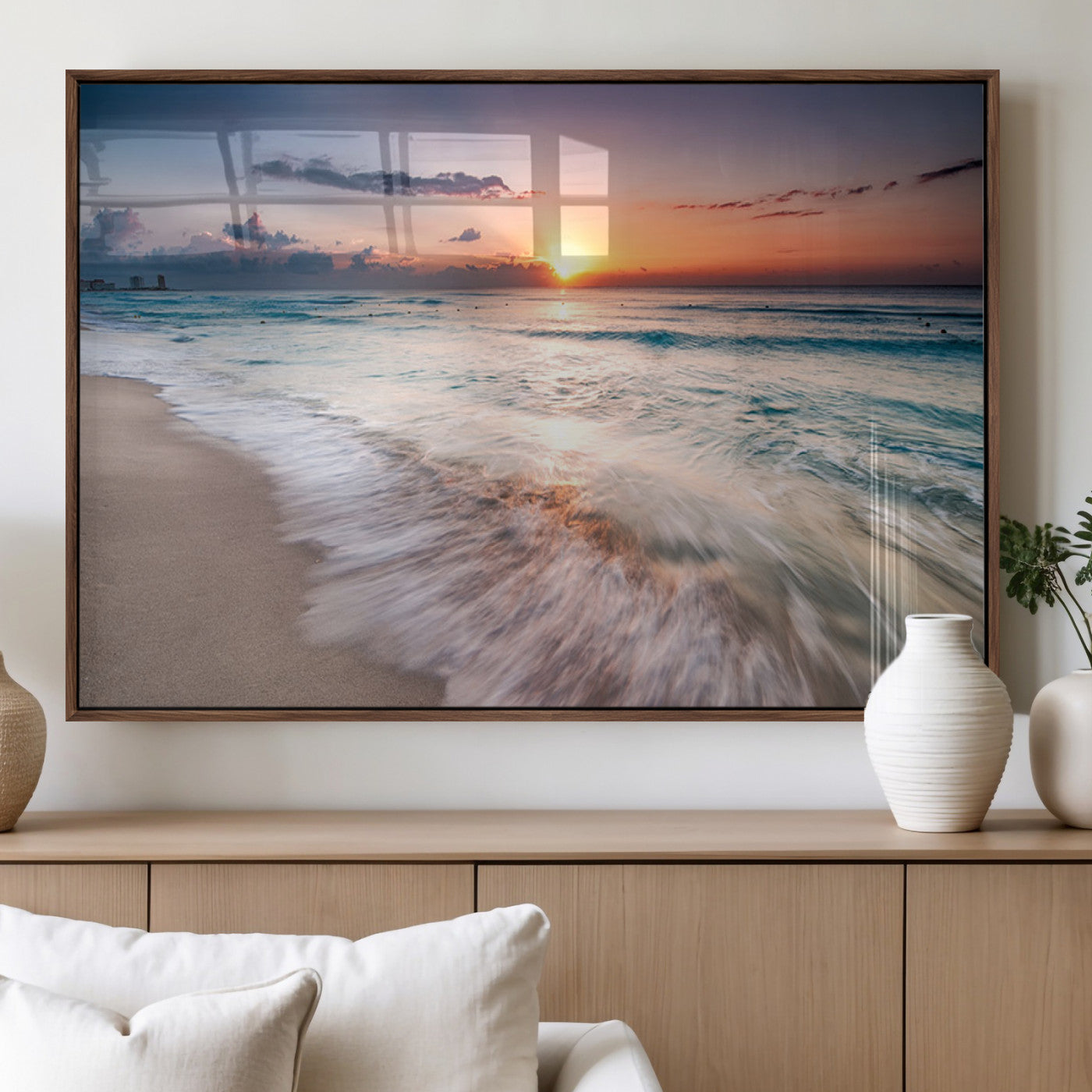 11379-MGV-FP-36X24-3P_Walnut-Sunset Beach Wall Art – Soothing Coastal Landscape, Ready to Hang for Tranquil Home Decor