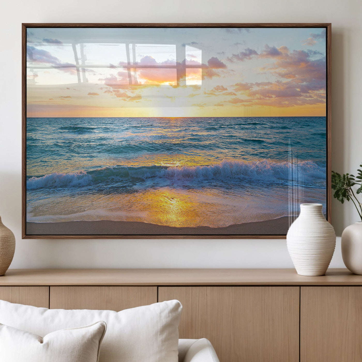 63383-MGV-FP-36X24-3P_Walnut-Golden Sunset Over Ocean Waves - Serene Coastal Triptych Wall Art for Relaxing Home Decor, Ready to