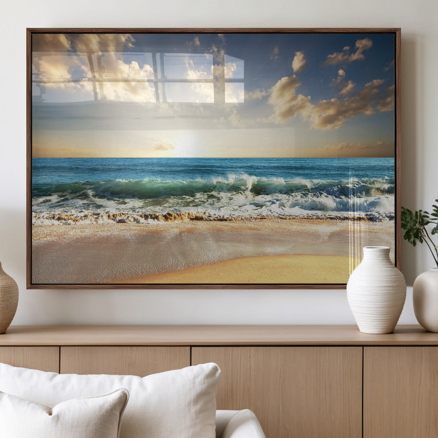83376-MGV-FP-36X24-3P_Walnut-Golden Sunset Beach Triptych Canvas Wall Art for Living Room – 3-Panel Ocean View, Framed & Ready to