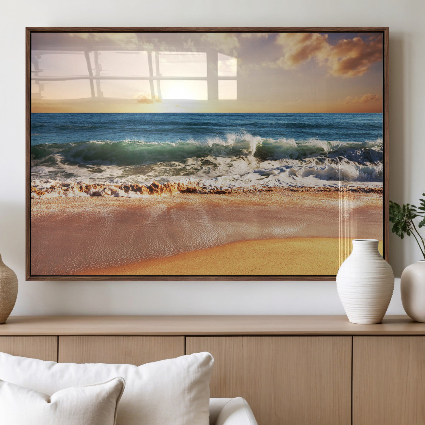 42011-MGV-FP-36X24-3P_Walnut-Sunset Beach Wall Art - 3-Panel Framed Canvas Print, Ready to Hang Ocean Sunset for Coastal and