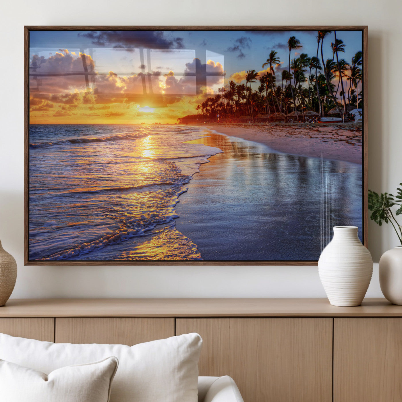 32177-MGV-FP-36X24-3P_Walnut-Serene Beach Sunset Wall Art Canvas- Coastal Seascape Print for Living Room or Bedroom, Ocean Waves