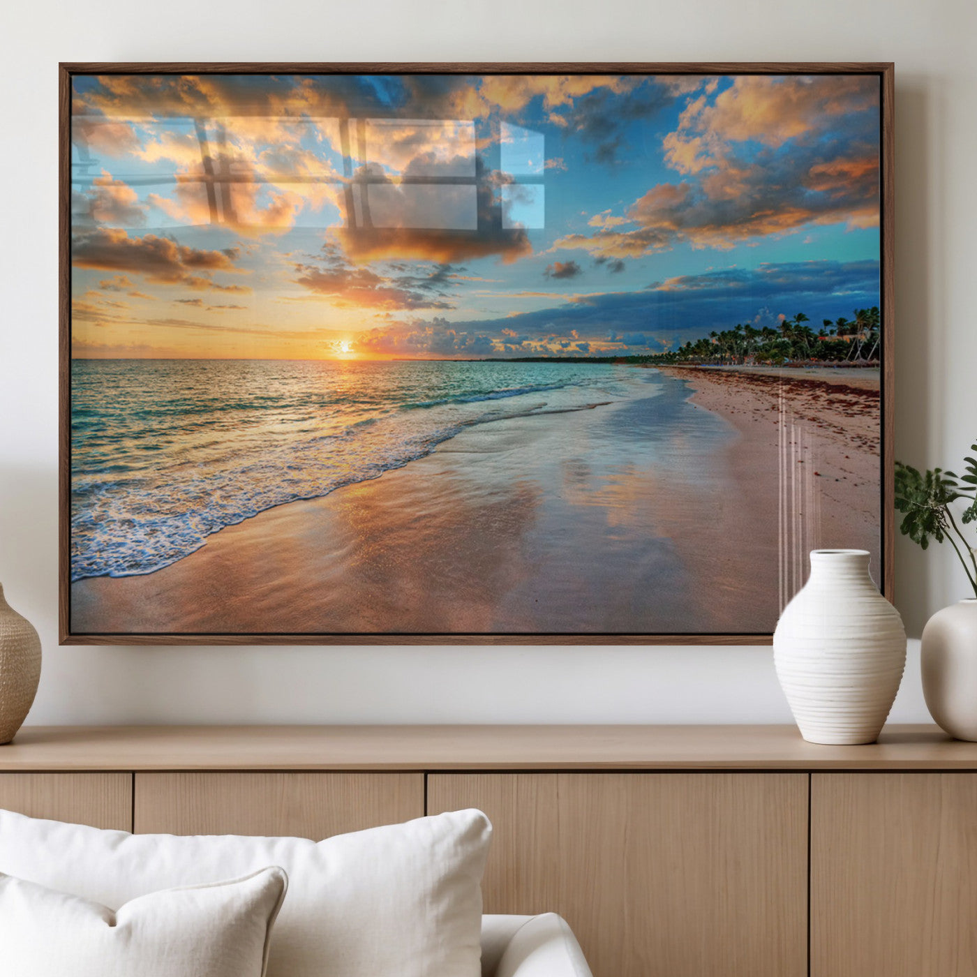 59240-MGV-FP-36X24-3P_Walnut-Serene Beach Sunset Wall Art | Coastal Ocean Canvas Print | Ready to Hang Tropical Decor for Home or