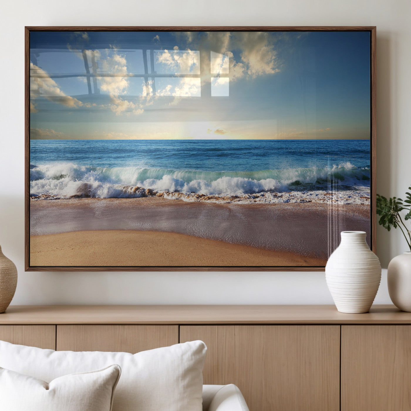 36512-MGV-FP-36X24-3P_Walnut-Serene Ocean Sunset Canvas Wall Art - Beach Waves at Sunset, Ready to Hang