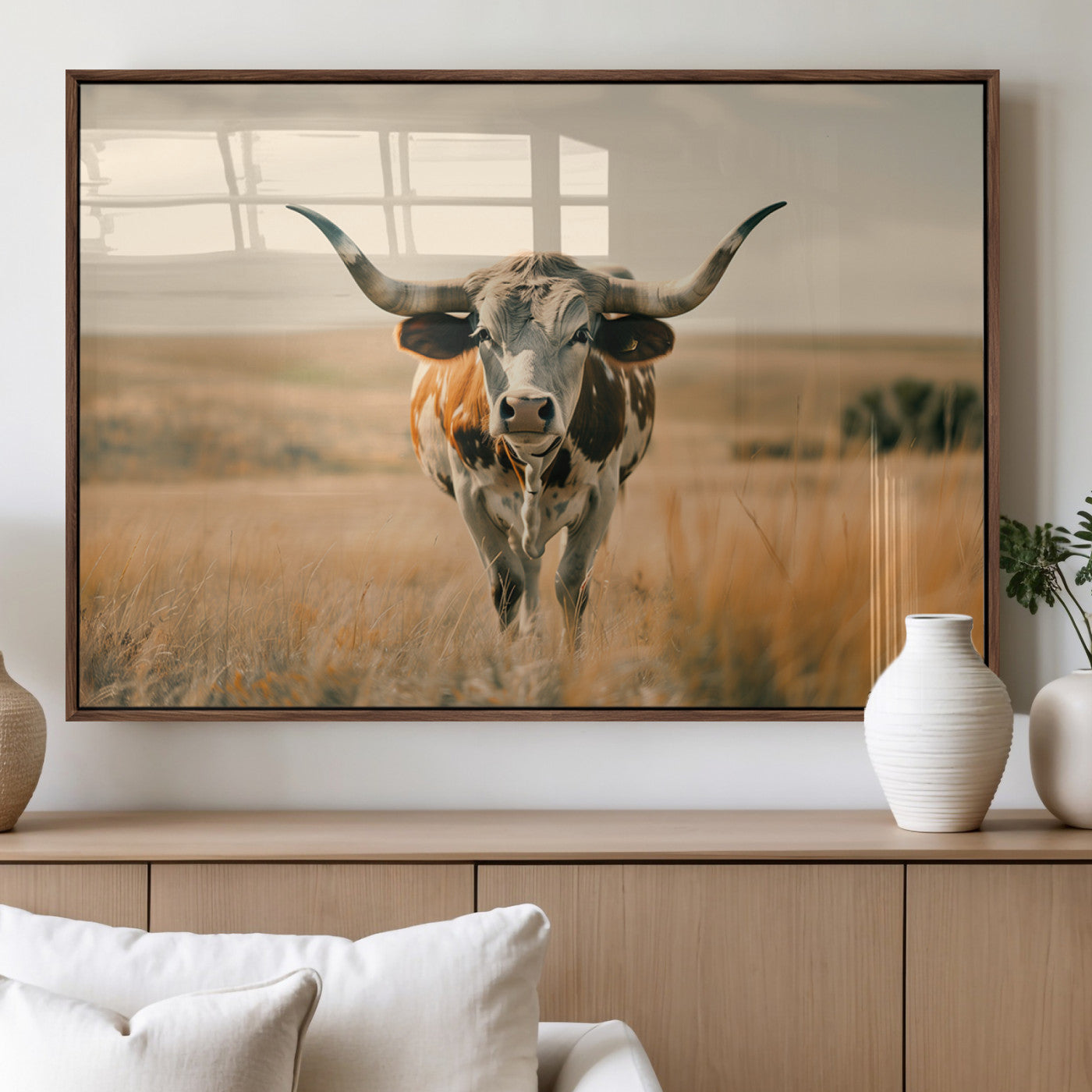 16580-MGV-FP-36X24-3P_Walnut-Texas Cow Longhorn Wall Art Canvas Print for Farm House Wall Decor, Farmhouse Cow Print Canvas Wall