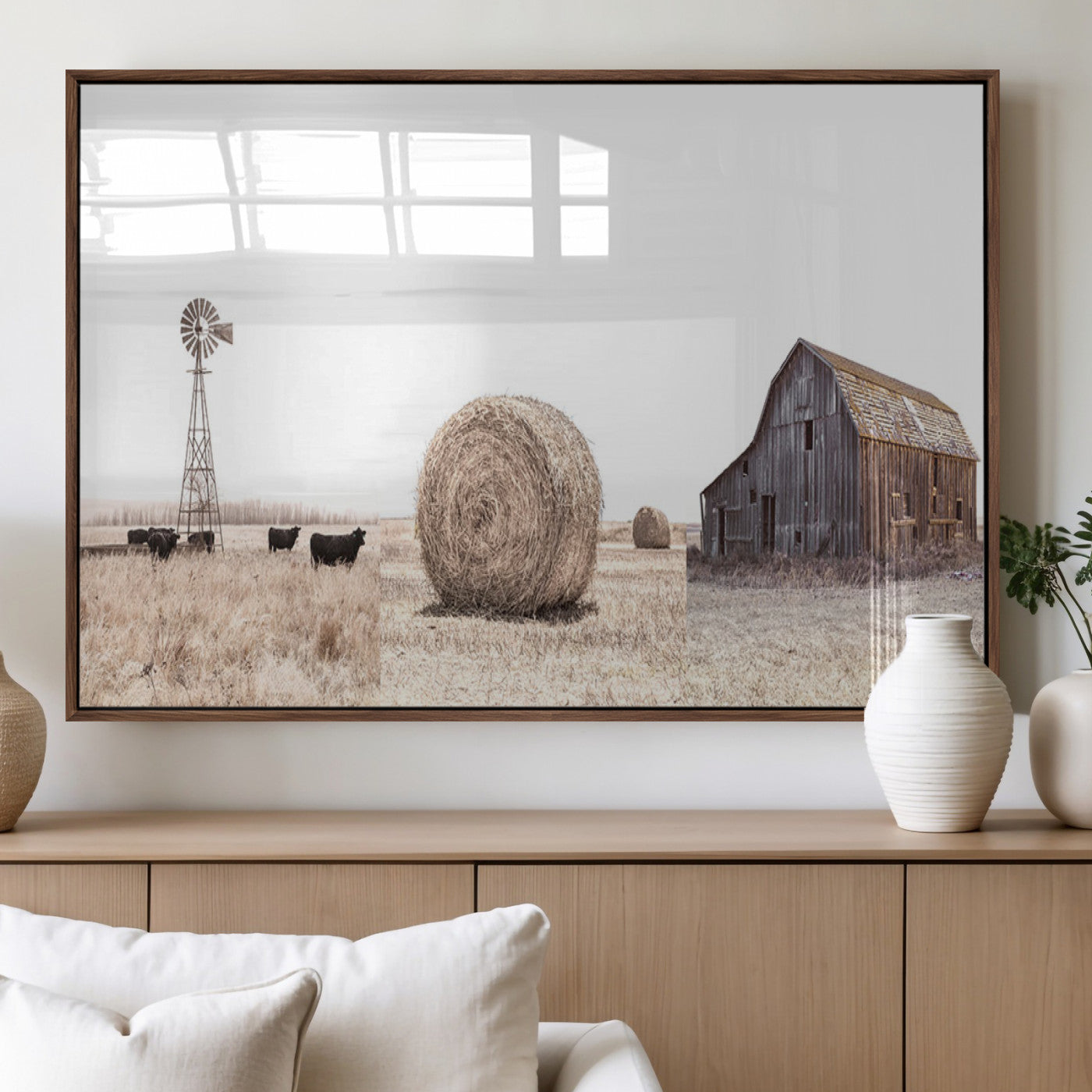 30918-MGV-FP-36X24-3P_Walnut-Rustic Farmhouse Wall Art Set of 3 – Country Barn and Wheat Field | Farm Prints for Country Home and