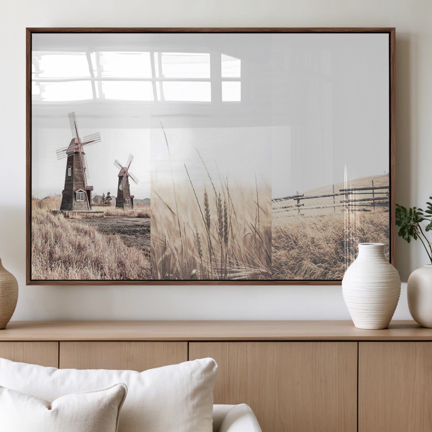 56649-MGV-FP-36X24-3P_Walnut-Farm Prints Set, Set of 3 Farmhouse Wall Art, Country House Decor, Barn Print, Wheat Print,