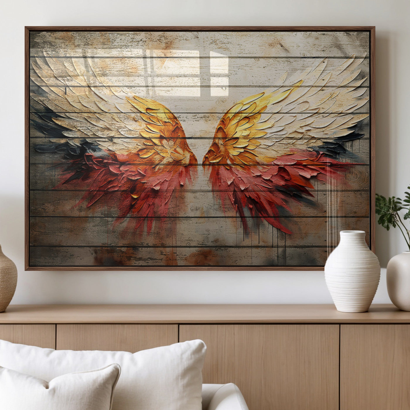 19244-MGV-FP-36X24-3P_Walnut-Abstract Angel Wings Canvas Wall Art – Framed and Ready to Hang Modern Angelic Wings Decor for