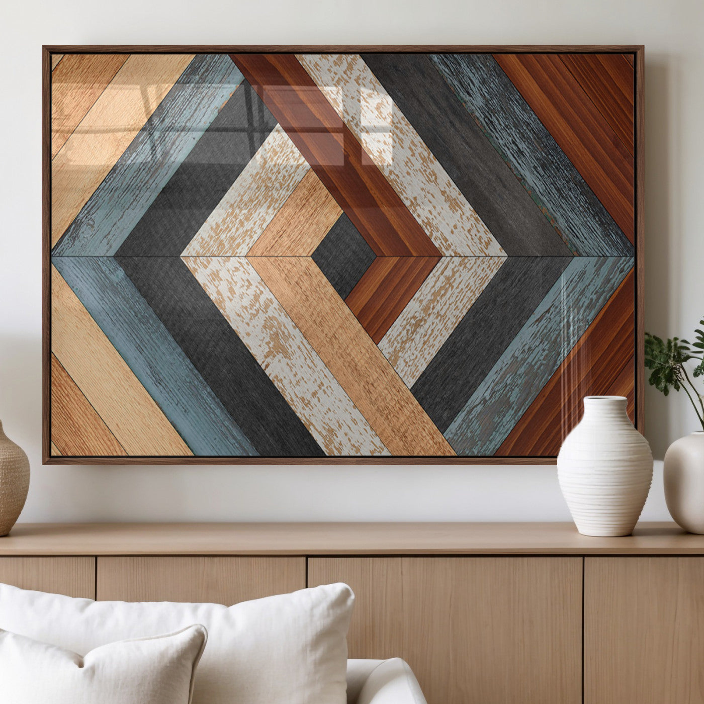 20897-MGV-FP-36X24-3P_Walnut-Geometric Wood Art Wall Decor Canvas Print, Rustic Wooden Pattern Triptych Wall Art for Living Room